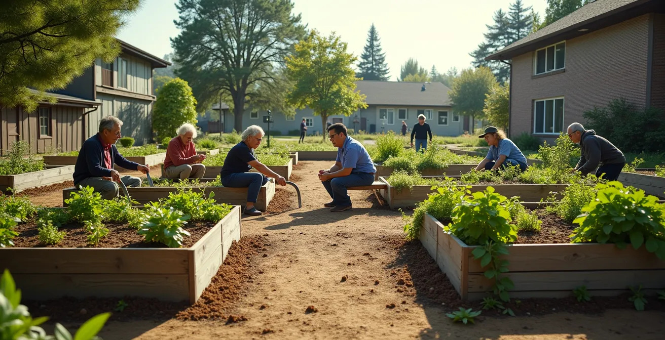 Diverse group of seniors working together in a sunny community garden