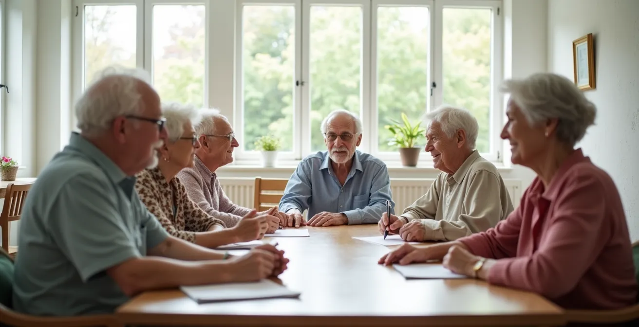 A group of diverse seniors engaged in an animated discussion at a bright community center