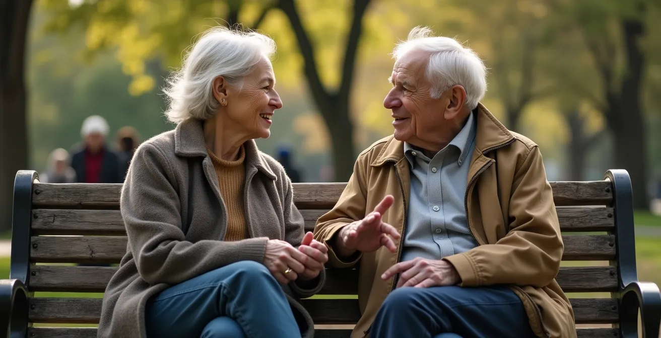 Two seniors engaged in deep one-on-one conversation on a park bench
