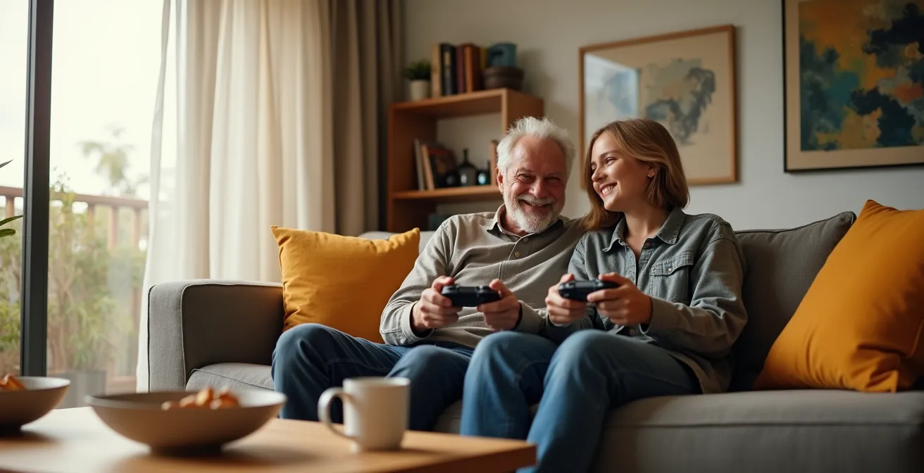 Senior and teenager enjoying video games together on a comfortable couch