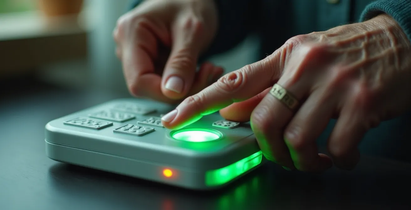 Hands configuring a smart medication dispenser with visible LED alerts