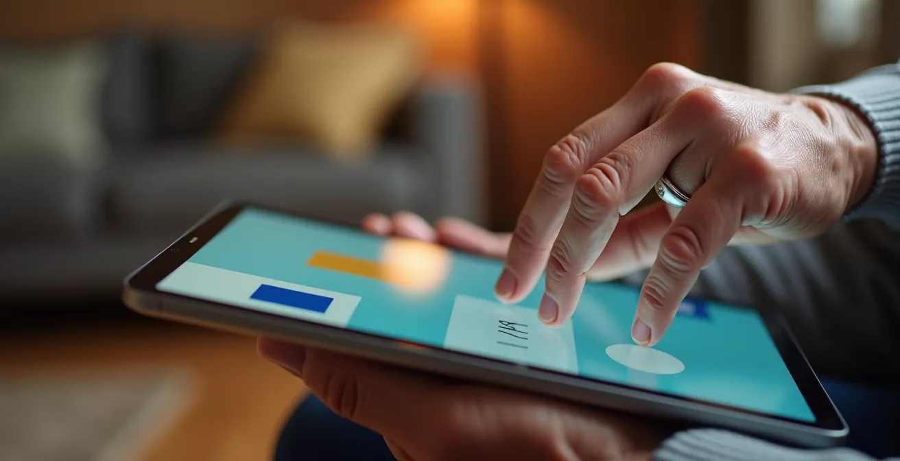 Senior using tablet to monitor smart home safety features in living room