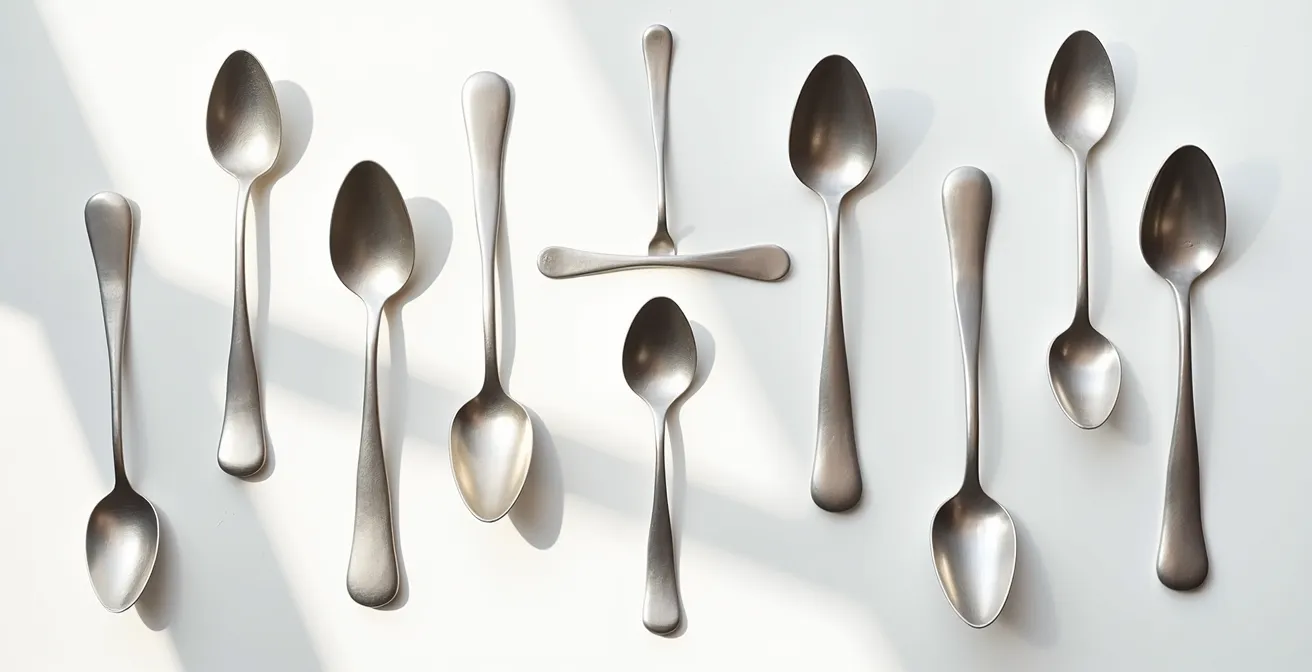Artistic arrangement of silver spoons casting shadows on a minimalist surface