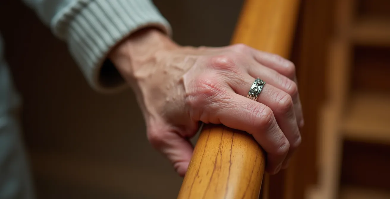 Close-up macro shot of hand gripping wooden handrail on stairs showing texture and safety grip