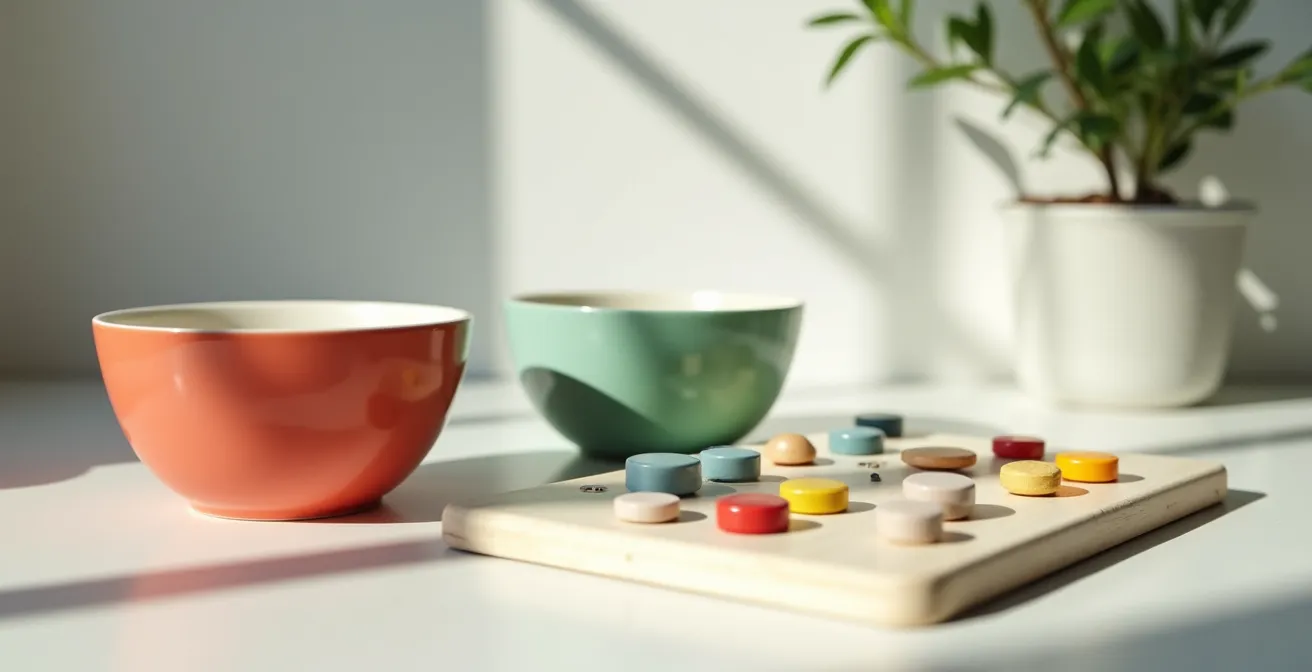 Color-coded medication bowls and check-off board on kitchen counter