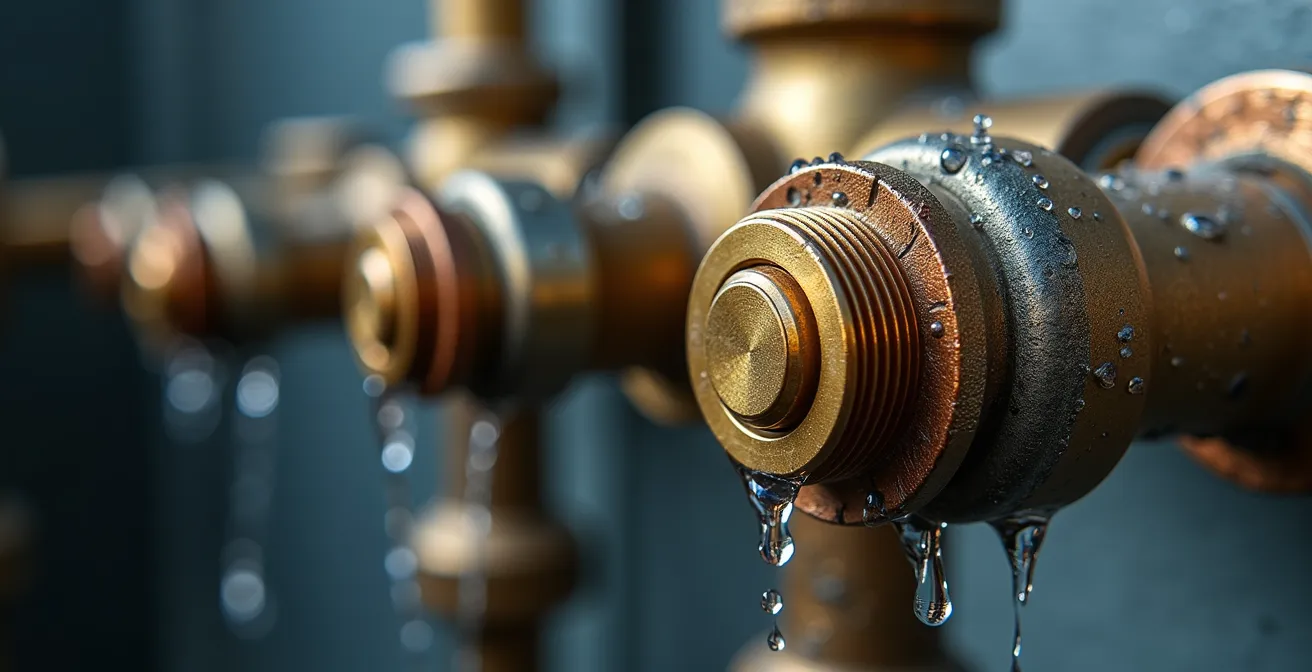 Close-up macro view of an anti-scald valve mechanism, highlighting its precise metal engineering.