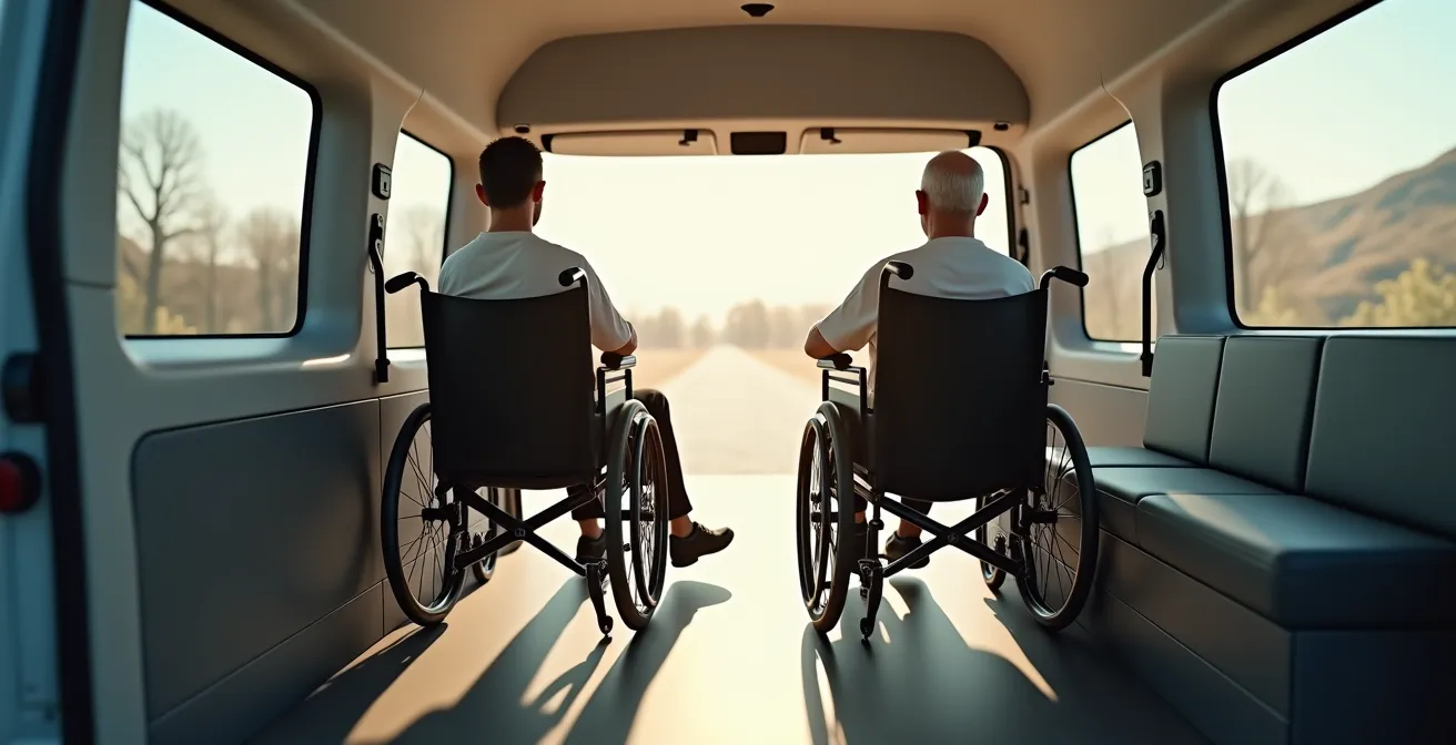 Wide shot of modern wheelchair accessible van interior showing senior in wheelchair secured safely with caregiver nearby
