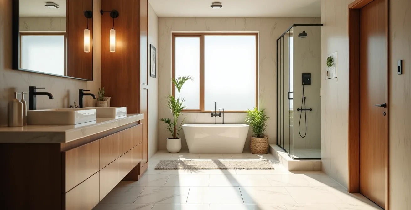 Modern bathroom showcasing universal design with wide doorway and zero-threshold shower