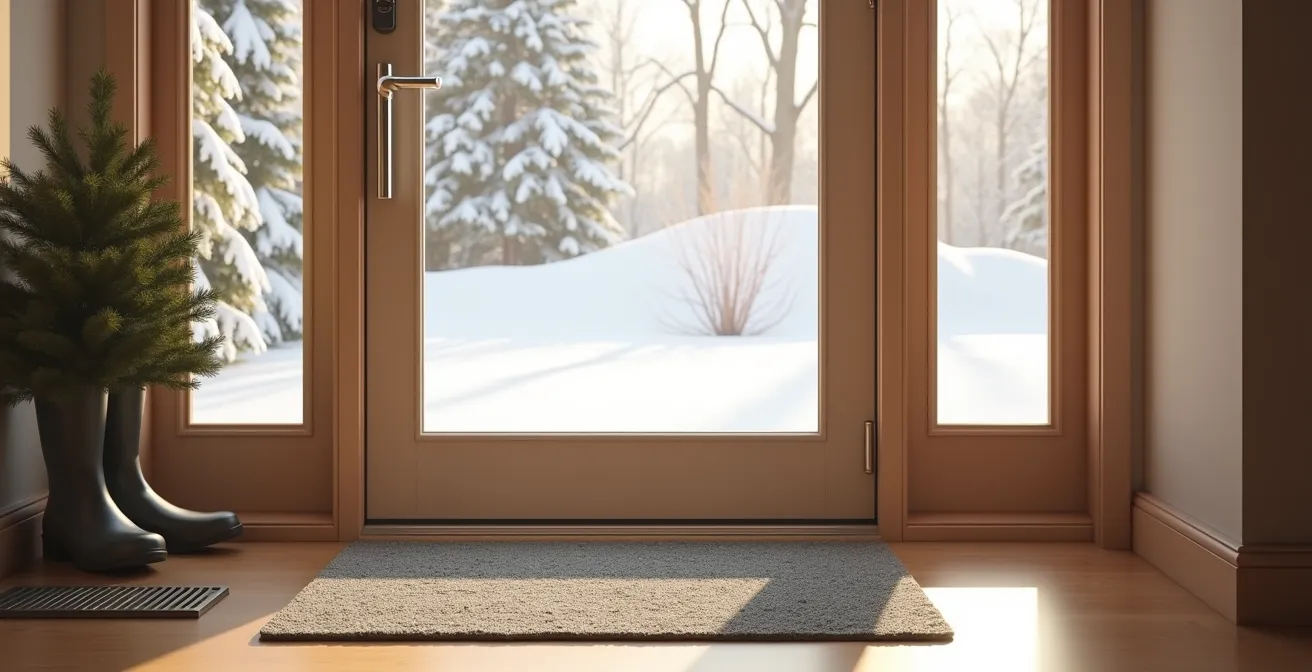 Home entrance with non-slip mat and grab bar near door for winter safety