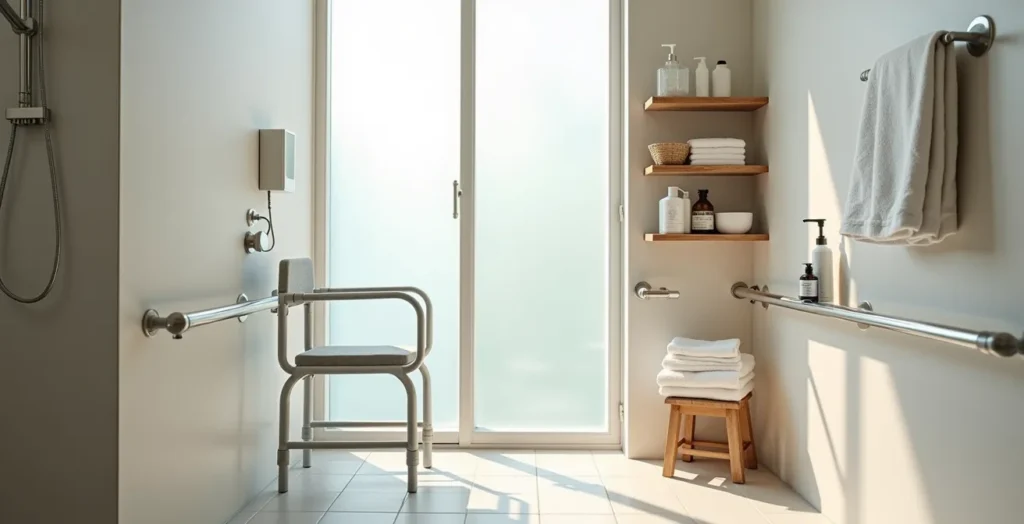 Wide-angle view of an organized accessible bathroom with adaptive equipment Wide-angle view of an organized accessible bathroom with adaptive equipment