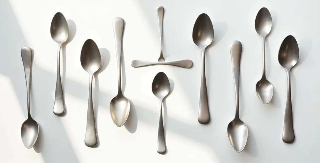 Artistic arrangement of silver spoons casting shadows on a minimalist surface Artistic arrangement of silver spoons casting shadows on a minimalist surface